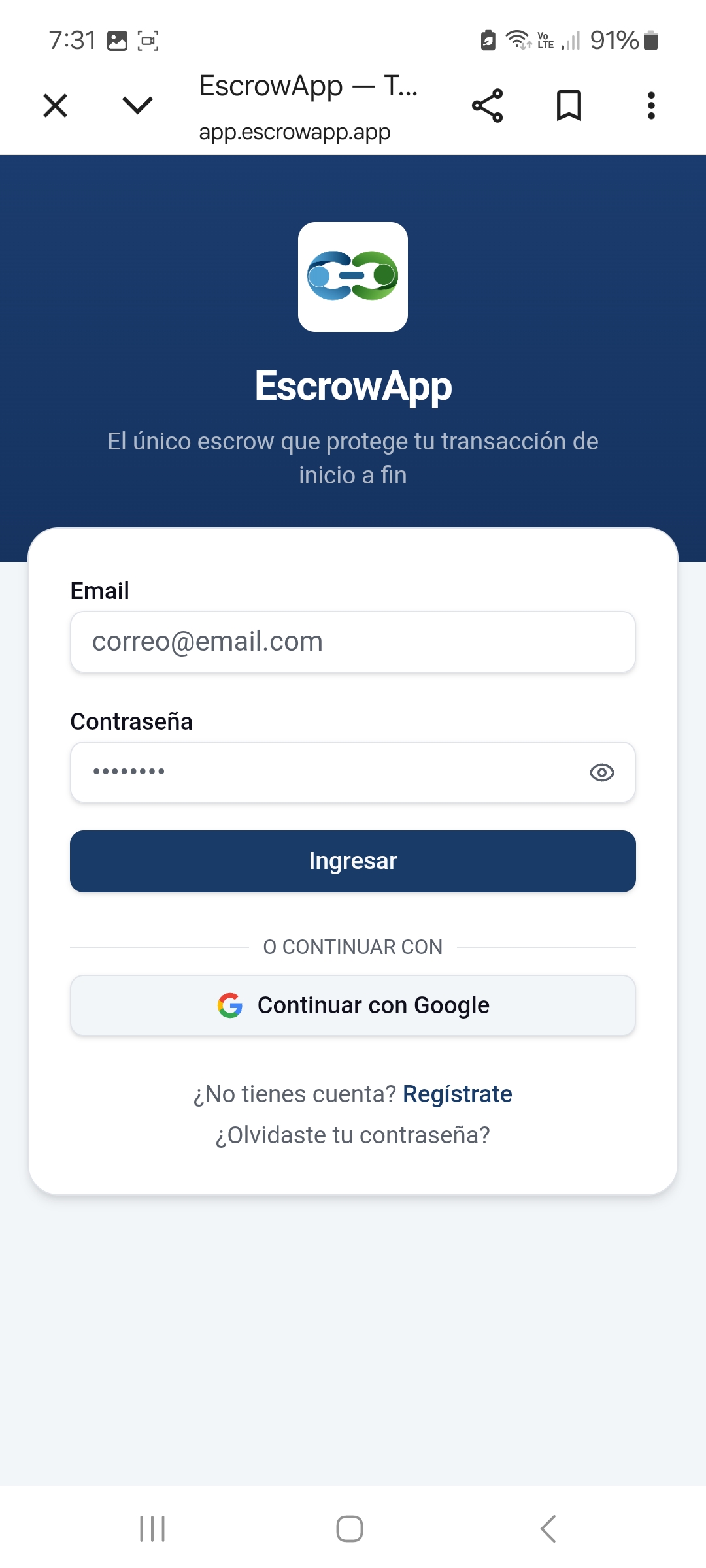 PeerSettle — Login screen